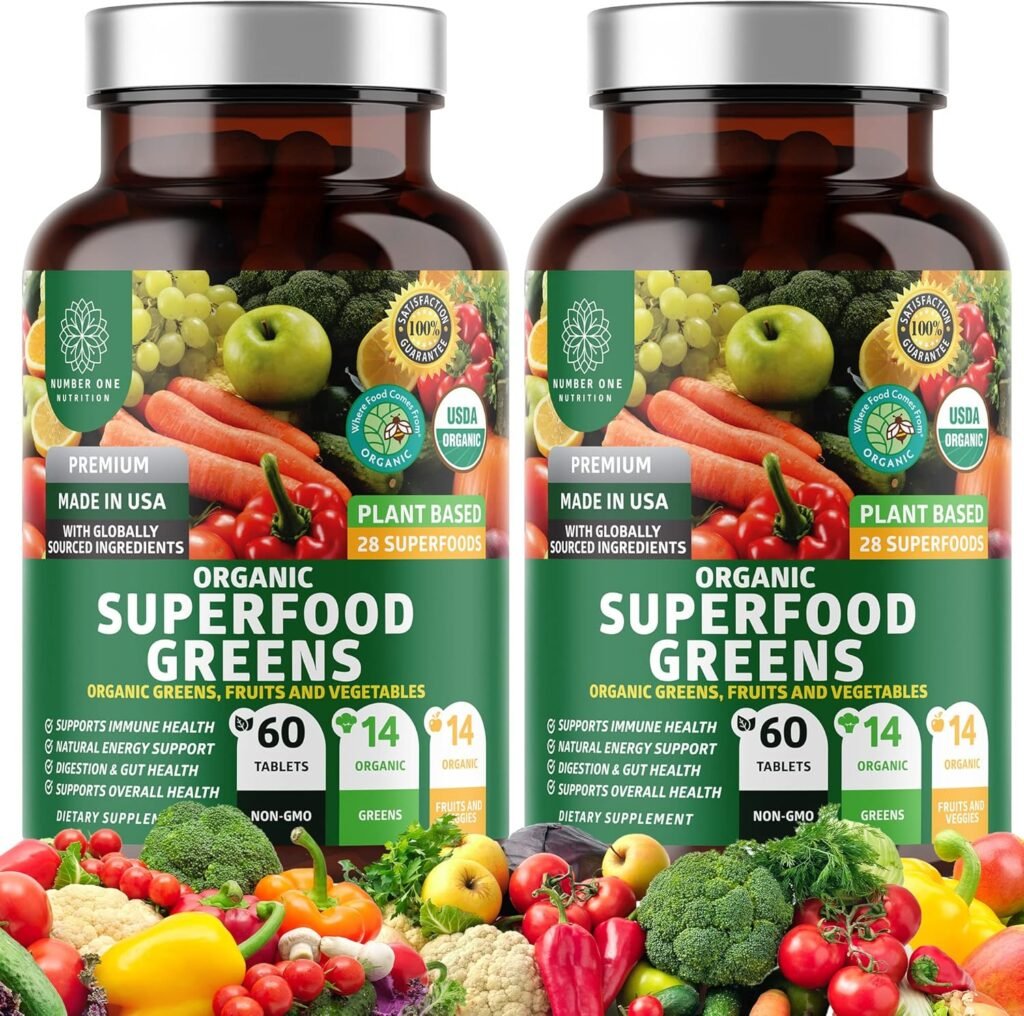 2-Pack N1N Premium Organic Green Superfood, Fruits  Veggies [28 Powerful Ingredients] Natural Supplement with Alfalfa, Beet Root  Tart Cherry for Energy, Immunity, Digestion, Made in USA, 120 Ct