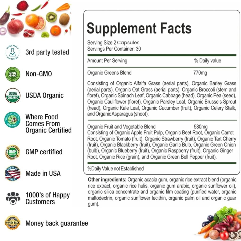 Aamatec Life Organic Superfood Greens Fruits and Veggies Complex - Dietary Supplement with 14 Greens 14 Vegetables with Alfalfa Rich in Antioxidants Organic Ingredients Non-GMO (120 Count Pack of 2)