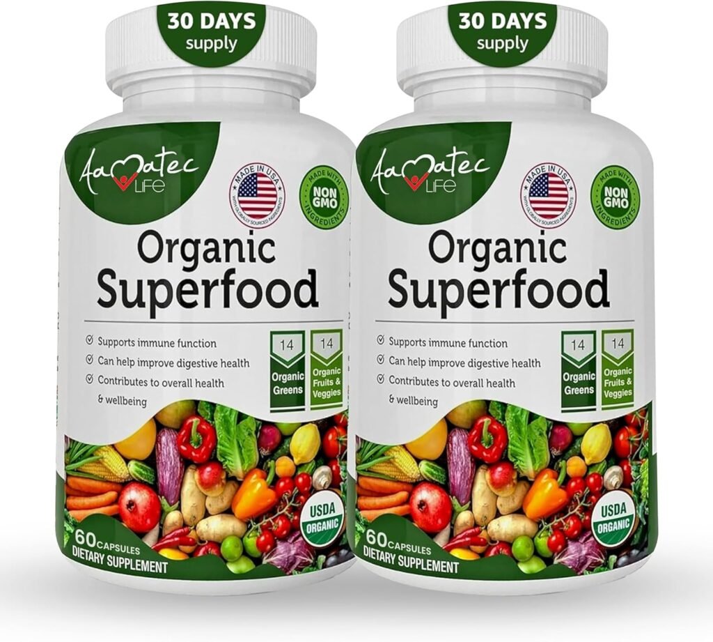 Aamatec Life Organic Superfood Greens Fruits and Veggies Complex - Dietary Supplement with 14 Greens 14 Vegetables with Alfalfa Rich in Antioxidants Organic Ingredients Non-GMO (120 Count Pack of 2)