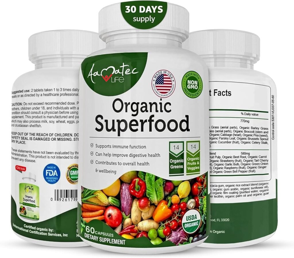 Aamatec Life Organic Superfood Greens Fruits and Veggies Complex - Dietary Supplement with 14 Greens 14 Vegetables with Alfalfa Rich in Antioxidants Organic Ingredients Non-GMO (120 Count Pack of 2)