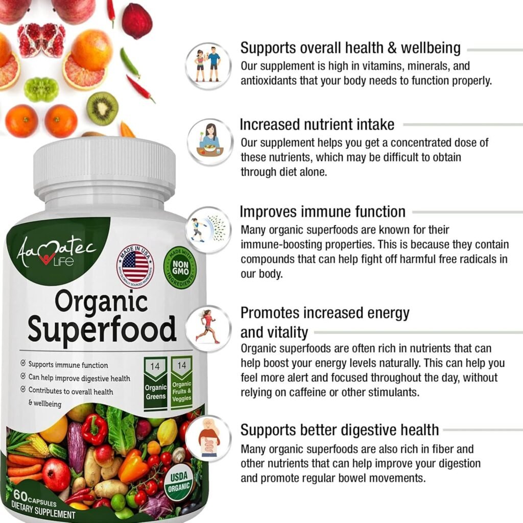 Aamatec Life Organic Superfood Greens Fruits and Veggies Complex - Dietary Supplement with 14 Greens 14 Vegetables with Alfalfa Rich in Antioxidants Organic Ingredients Non-GMO (120 Count Pack of 2)