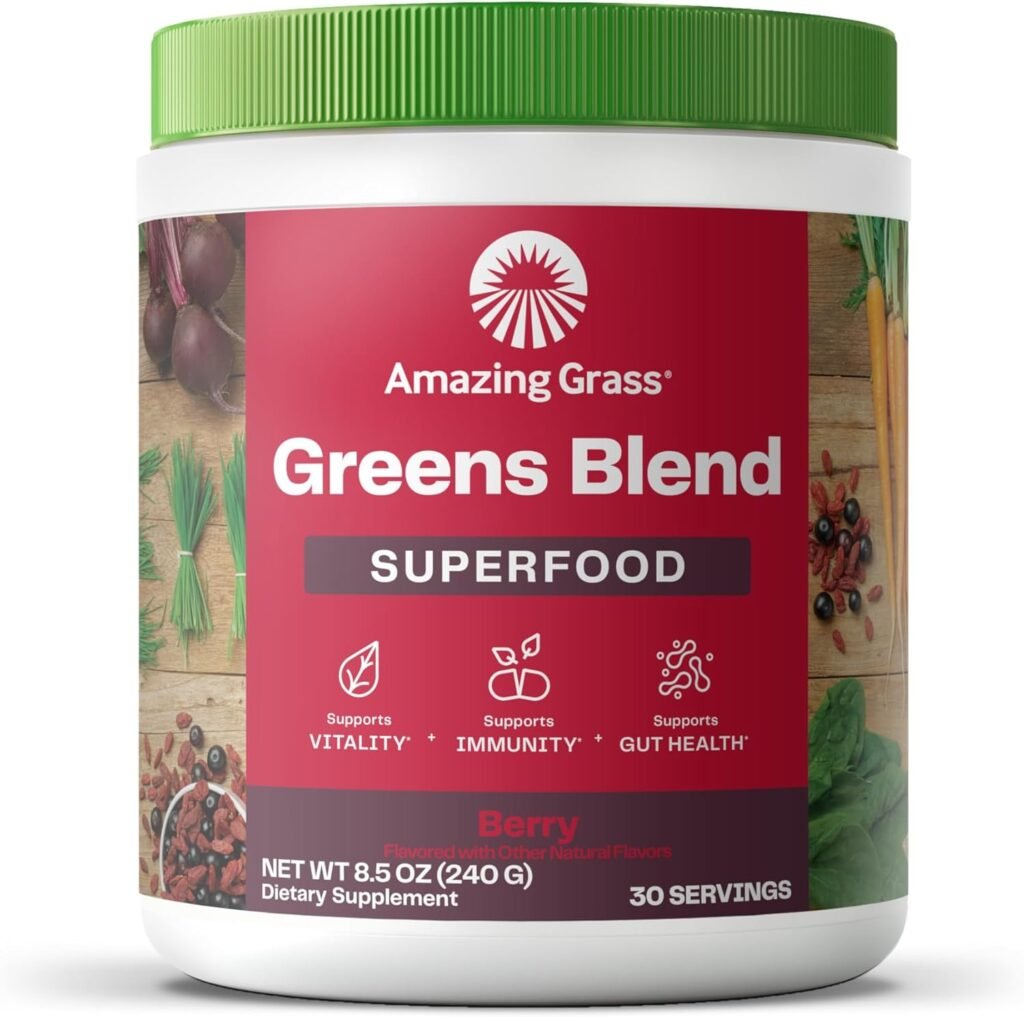 Amazing Grass Greens Superfood Powder: Greens Powder with Digestive Enzymes  Probiotics, Organic Spirulina, Chlorella, and Beet Root Powder, Berry, 30 Servings (Packaging May Vary)