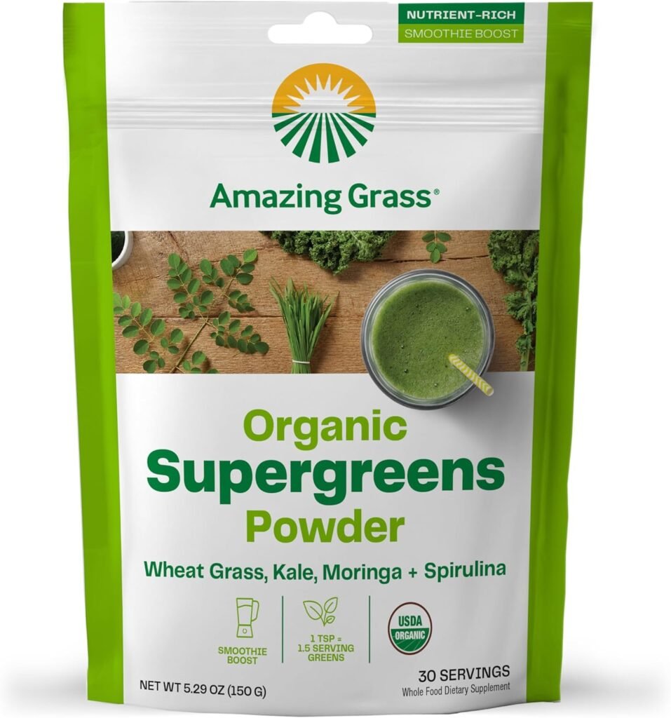 Amazing Grass Super Greens Booster: Greens Powder Smoothie Mix with Spirulina, Moringa, Wheat Grass  Kale Smoothie Booster, Chlorophyll Providing Greens, 30 Servings