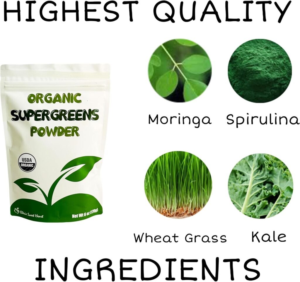 Cherie Sweet Heart Supergreens Powder - Green Superfood - Organic Greens Powder Super Greens - Smoothie Powder - Superfood Powder - Powdered Greens - 6 oz Super Greens Powder - 34 Servings