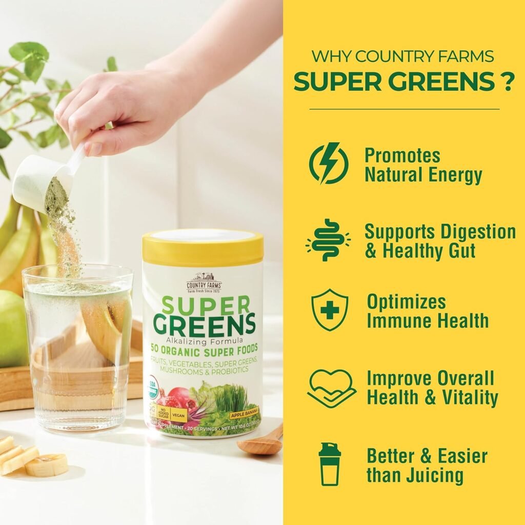 COUNTRY FARMS Super Greens Natural Flavor, 50 Organic Super Foods, USDA Organic Drink Mix, Fruits, Vegetables, Super Greens, with Fiber, Mushrooms  Probiotics, Supports Energy, 60 Servings, 900g