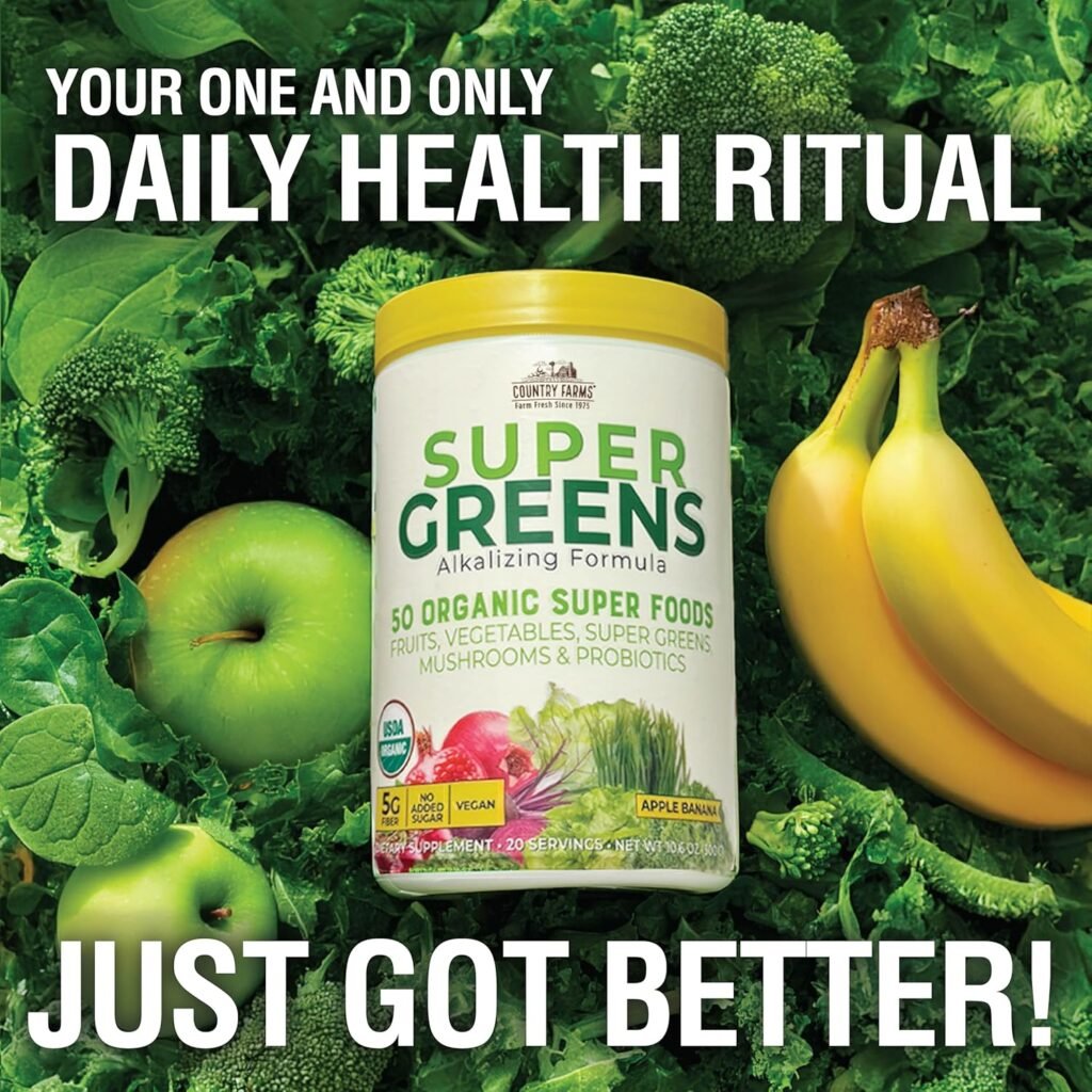 COUNTRY FARMS Super Greens Natural Flavor, 50 Organic Super Foods, USDA Organic Drink Mix, Fruits, Vegetables, Super Greens, with Fiber, Mushrooms  Probiotics, Supports Energy, 60 Servings, 900g