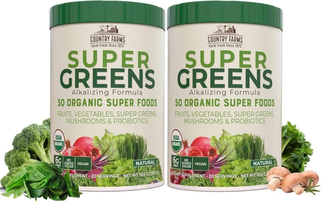 COUNTRY FARMS Super Greens Natural Flavor, 50 Organic Super Foods, USDA Organic Drink Mix, Fruits, Vegetables, Super Greens, with Fiber, Mushrooms  Probiotics, Supports Energy, 60 Servings, 900g