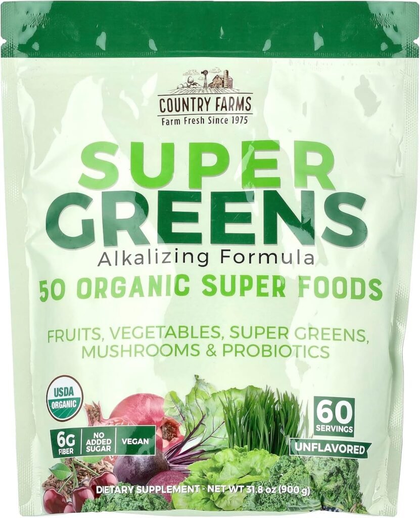 COUNTRY FARMS Super Greens Natural Flavor, 50 Organic Super Foods, USDA Organic Drink Mix, Fruits, Vegetables, Super Greens, with Fiber, Mushrooms  Probiotics, Supports Energy, 60 Servings, 900g