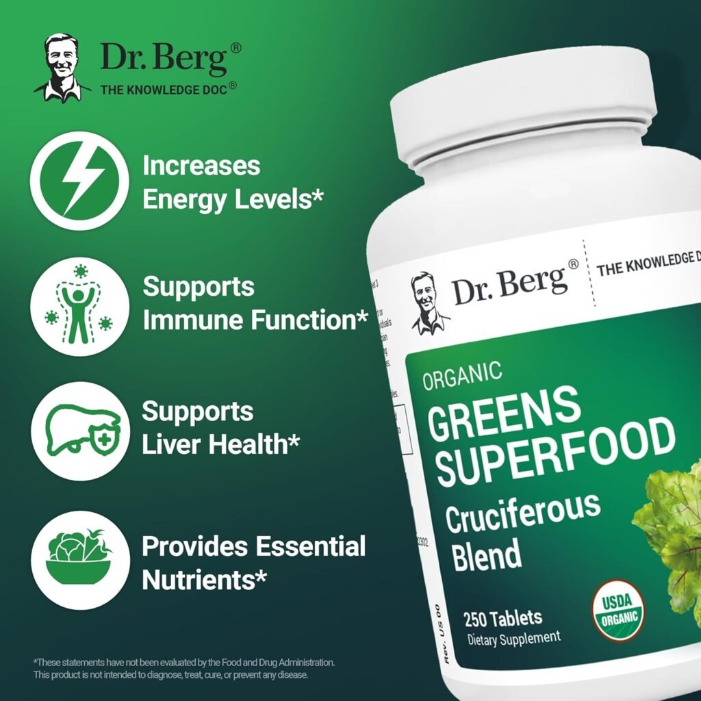 Dr. Bergs Greens Superfood Cruciferous Vegetable Tablets - Vegetable Supplements for Adults w/ 11 Phytonutrient Super Greens Tablets - Energy, Immune System  Liver Veggie Tablets - 90 Tablets