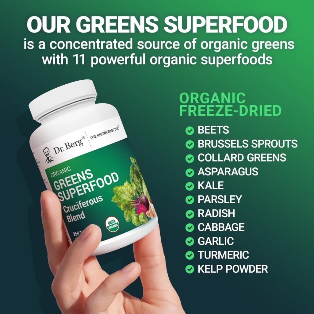 Dr. Bergs Greens Superfood Cruciferous Vegetable Tablets - Vegetable Supplements for Adults w/ 11 Phytonutrient Super Greens Tablets - Energy, Immune System  Liver Veggie Tablets - 90 Tablets