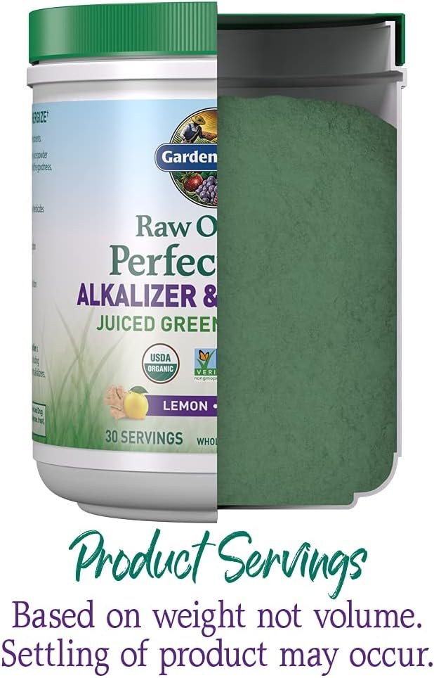 Garden of Life Raw Organic Perfect Food Alkalizer  Detoxifier Juiced Greens Superfood Powder - Lemon Ginger, 30 Servings - Non-GMO, Gluten Free Whole Food Dietary Supplement, Plus Probiotics