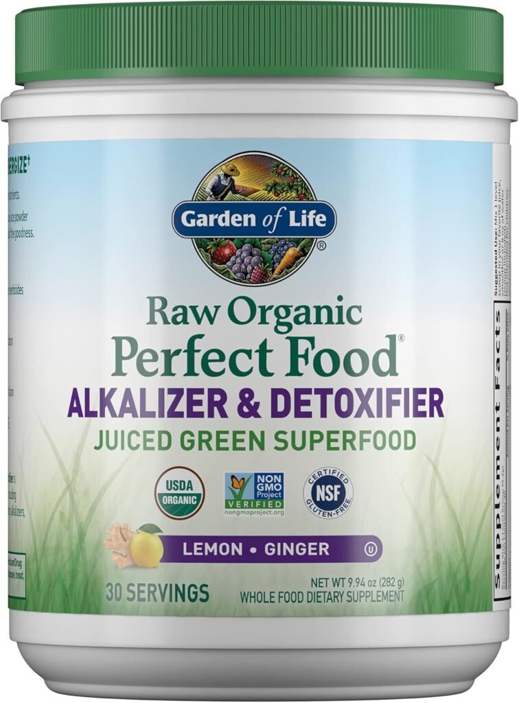 Garden of Life Raw Organic Perfect Food Alkalizer  Detoxifier Juiced Greens Superfood Powder - Lemon Ginger, 30 Servings - Non-GMO, Gluten Free Whole Food Dietary Supplement, Plus Probiotics