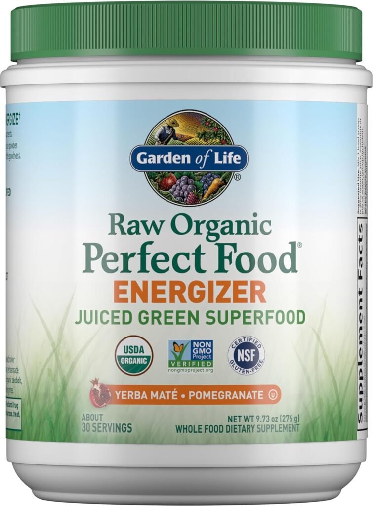 Garden of Life Raw Organic Perfect Food Energizer Juiced Green Superfood Powder - Yerba Mate Pomegranate,  Probiotics, Gluten Free Whole Food Greens Supplements, 30 Servings, 9.73 Oz