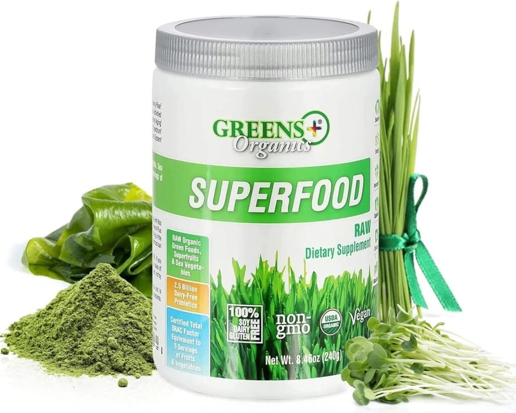 Greens+ Organic RAW Superfood Powder, Super Blend Immune Support, Morning Kick, Energy Boost, Nutrition Vibrant Health, Dietary Supplement, Vegan Soy/Dairy/Gluten Free(8.46oz)