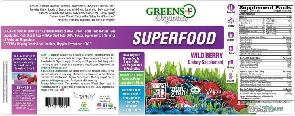 Greens+ Organic RAW Superfood Powder, Super Blend Immune Support, Morning Kick, Energy Boost, Nutrition Vibrant Health, Dietary Supplement, Vegan Soy/Dairy/Gluten Free(8.46oz)