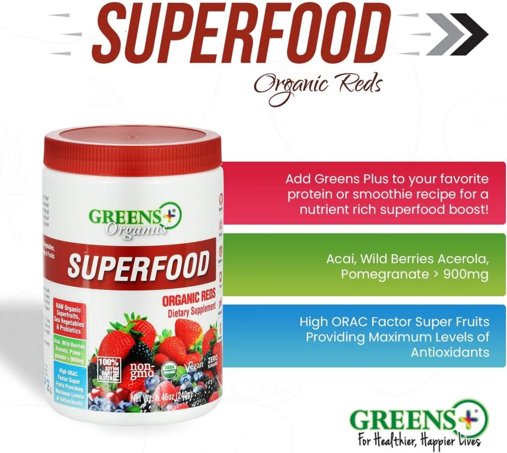 Greens+ Organic RAW Superfood Powder, Super Blend Immune Support, Morning Kick, Energy Boost, Nutrition Vibrant Health, Dietary Supplement, Vegan Soy/Dairy/Gluten Free(8.46oz)