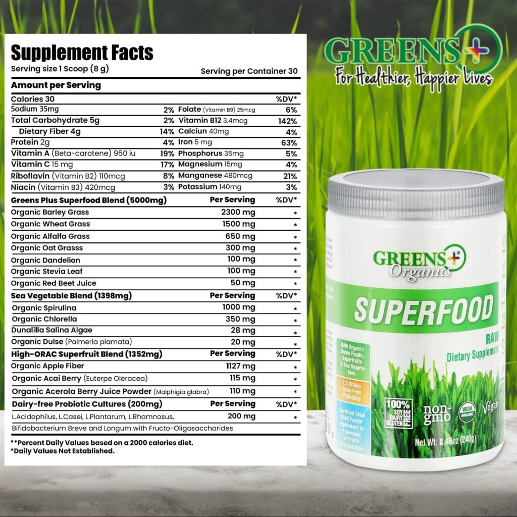 Greens+ Organic RAW Superfood Powder, Super Blend Immune Support, Morning Kick, Energy Boost, Nutrition Vibrant Health, Dietary Supplement, Vegan Soy/Dairy/Gluten Free(8.46oz)