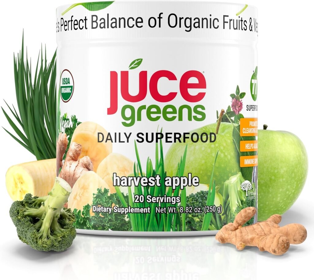 JUCE Green Superfood Powder, Organic Fruits and Veggies Supplement W/ 77 Superfoods Plus Prebiotic Probiotic Blend, Harvest Apple Flavor - 20 Servings (230 g) - By Terra Kai Organics