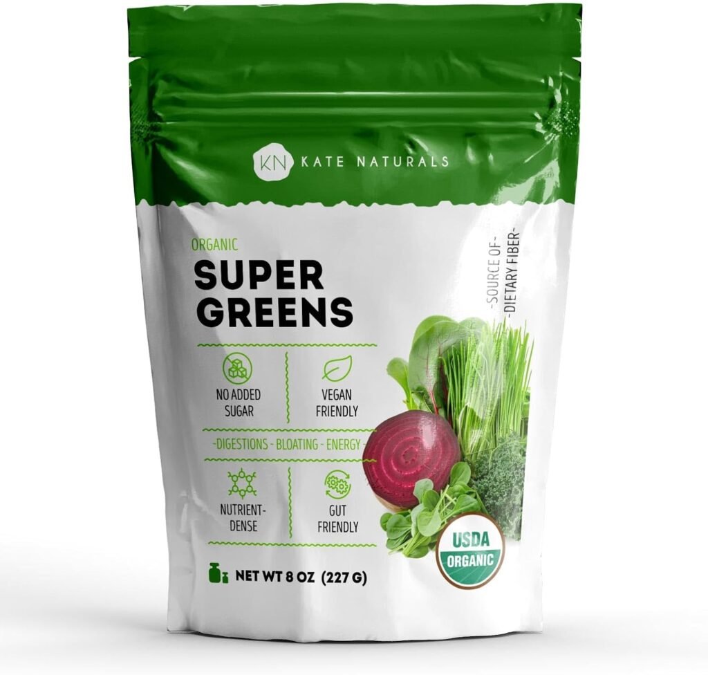 Kate Naturals Organic Super Greens Powder Superfood Mix with Probiotics. Antioxidant Blend Daily Fiber Supplement for Energy  Digestive Support (30 Servings, 8oz, Natural)