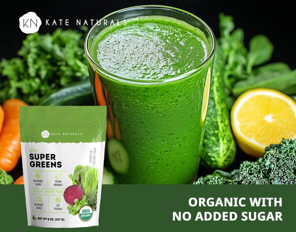 Kate Naturals Organic Super Greens Powder Superfood Mix with Probiotics. Antioxidant Blend Daily Fiber Supplement for Energy  Digestive Support (30 Servings, 8oz, Natural)