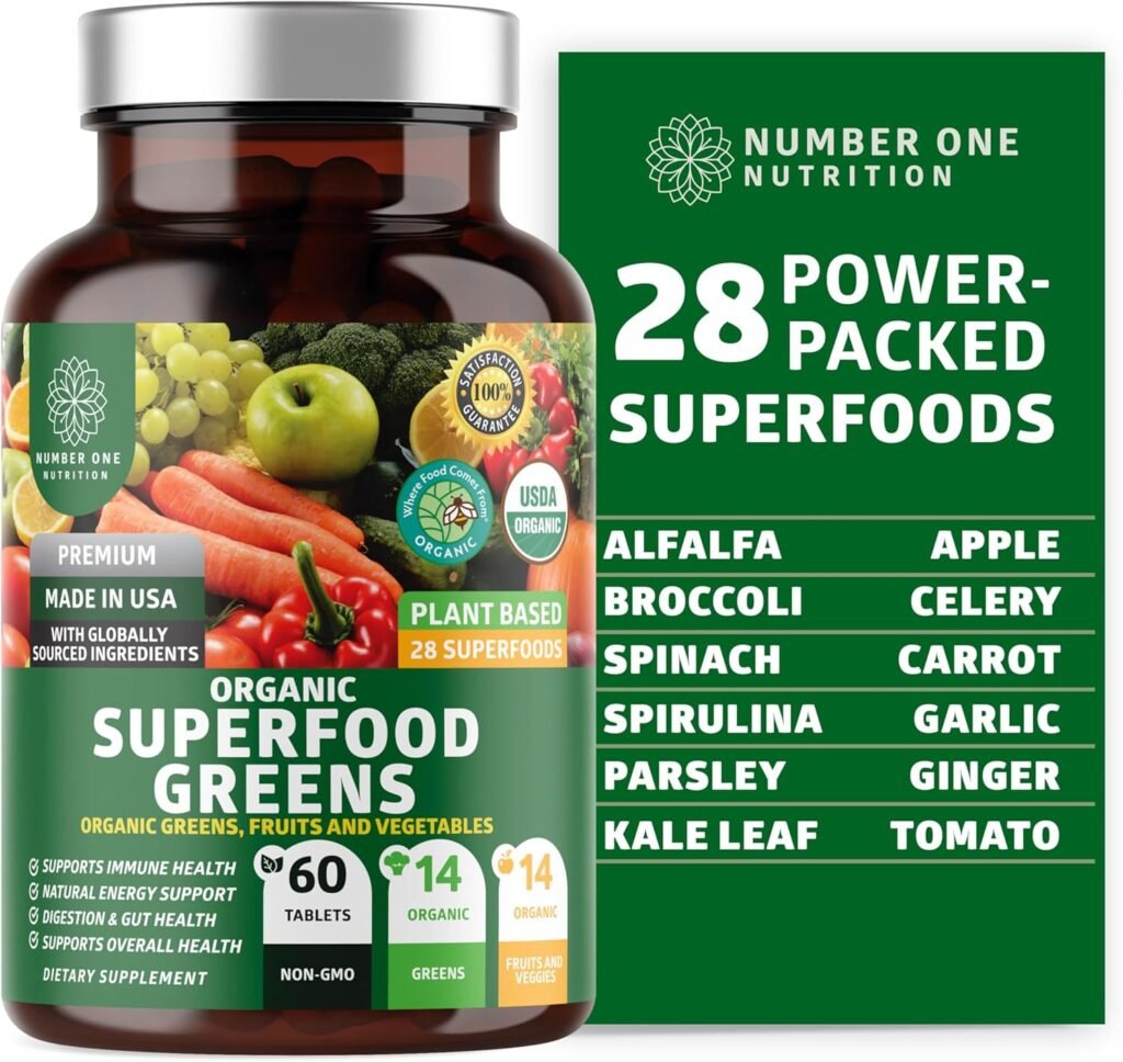 N1N Premium Organic Superfood Greens [28 Powerful Ingredients] Natural Fruit and Veggie Supplement with Alfalfa, Beet Root and Ginger to Boost Energy, Immunity and Gut Health, Made in USA, 60 Ct