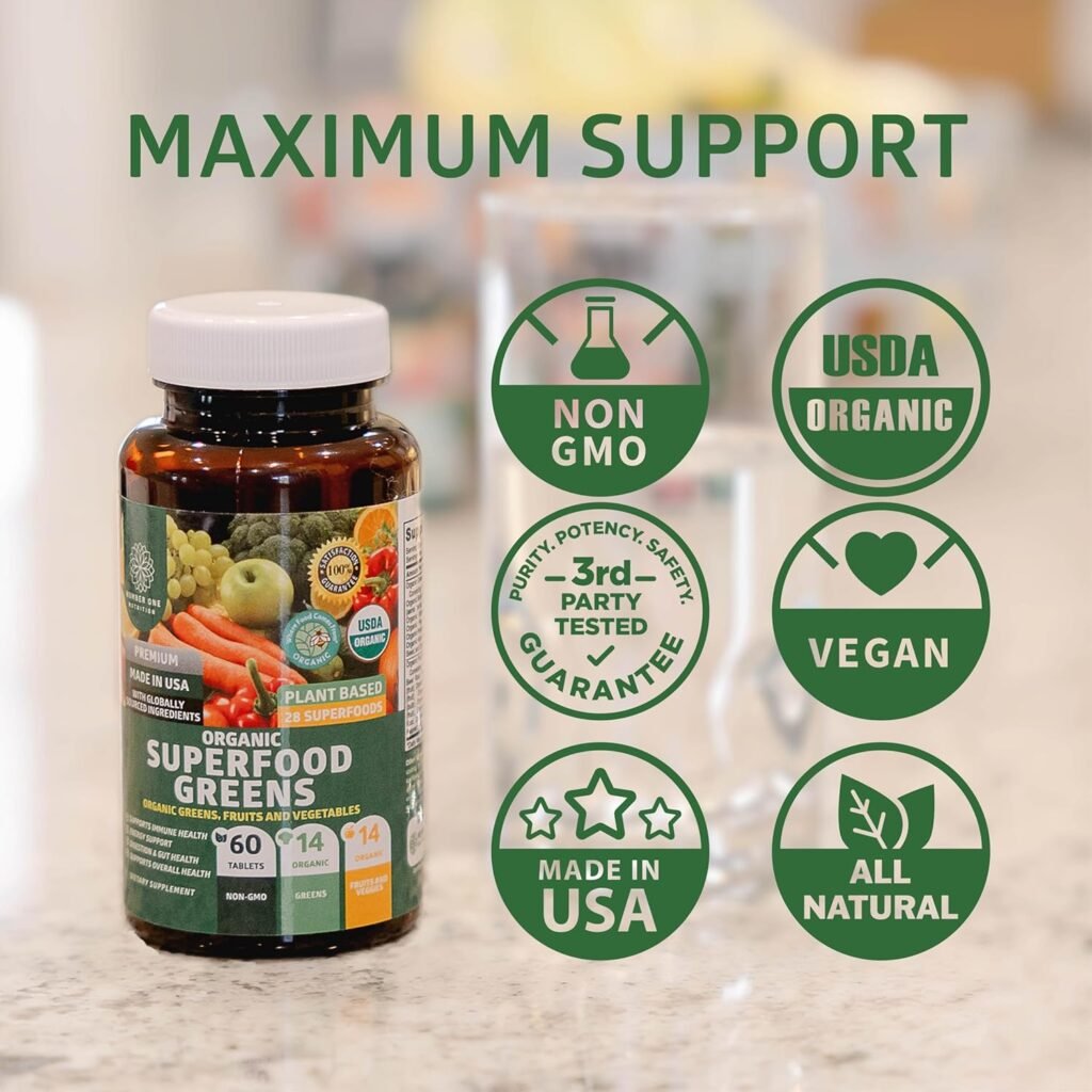 N1N Premium Organic Superfood Greens [28 Powerful Ingredients] Natural Fruit and Veggie Supplement with Alfalfa, Beet Root and Ginger to Boost Energy, Immunity and Gut Health, Made in USA, 60 Ct