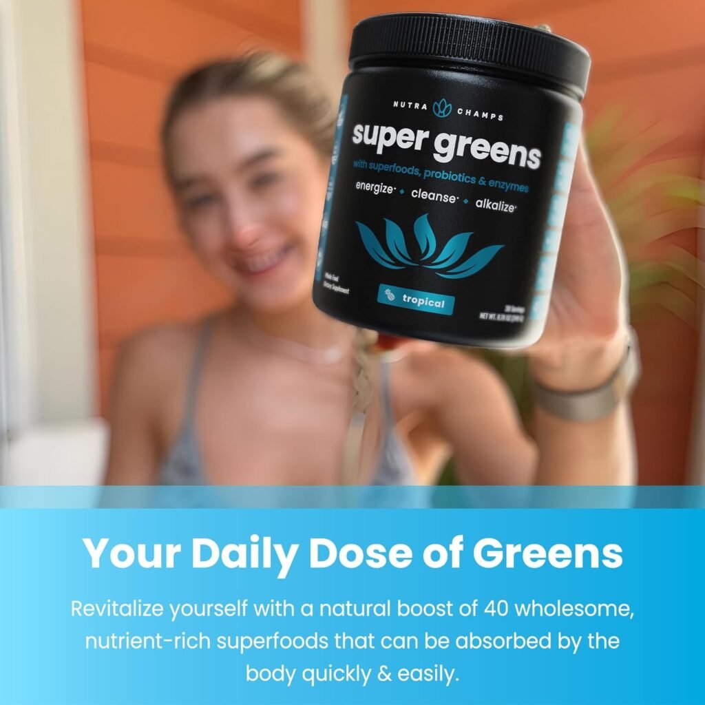 NutraChamps Super Greens Powder Premium Superfood | 20+ Organic Green Veggie Whole Foods | Alfalfa, Spirulina, Chlorella  More | Antioxidant, Digestive Enzyme  Probiotic Blends | Tropical