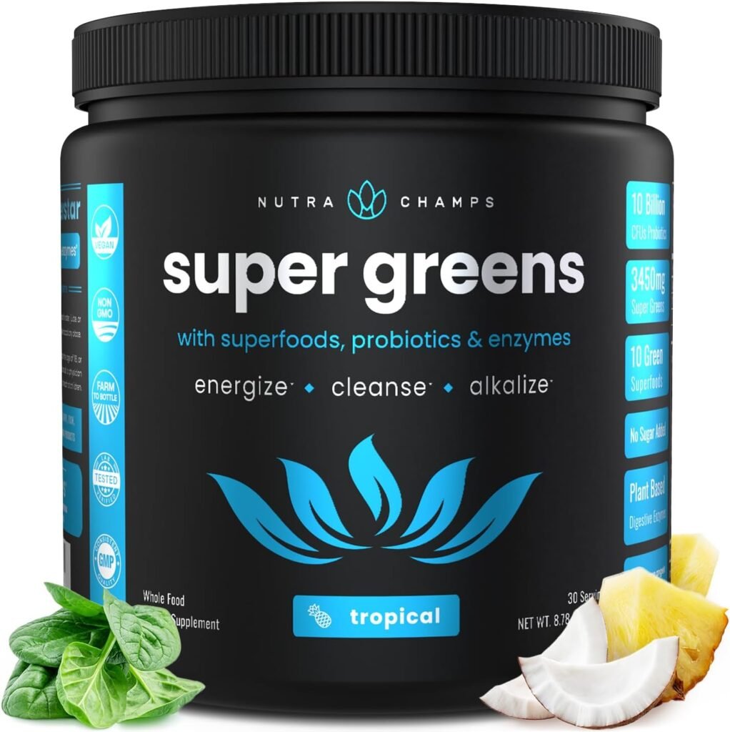 NutraChamps Super Greens Powder Premium Superfood | 20+ Organic Green Veggie Whole Foods | Alfalfa, Spirulina, Chlorella  More | Antioxidant, Digestive Enzyme  Probiotic Blends | Tropical