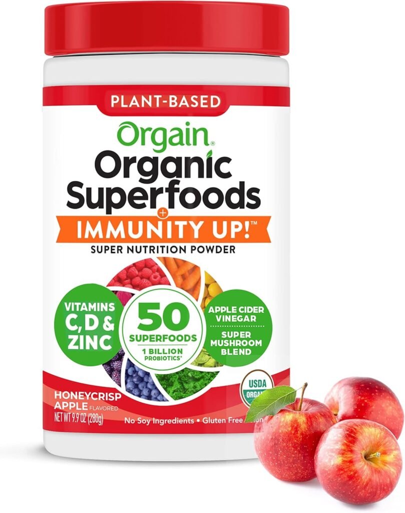 Orgain Organic Greens + 50 Superfoods Immunity Up! Powder, Honeycrisp Apple - Immune Support, Probiotics, Vitamin C, D  Zinc, Apple Cider Vinegar, Ashwagandha, Cordyceps  Reishi Mushrooms - 0.62lb