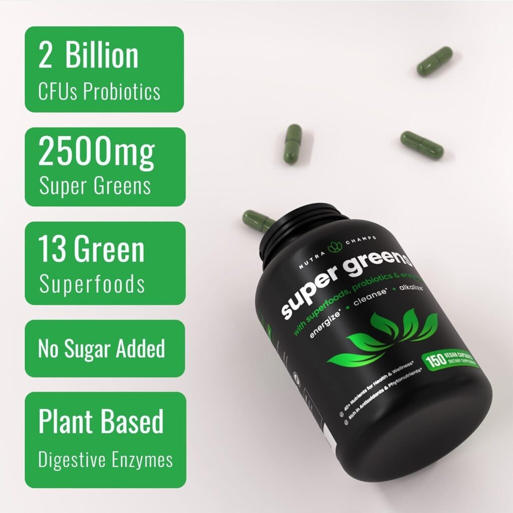 Organic Super Greens Capsules - 40+ Superfoods  Greens Supplements Capsules - Alfalfa, Spirulina, Chlorella  More - Antioxidant, Digestive Enzyme  Probiotic Blends - 150 Green Superfood Capsules