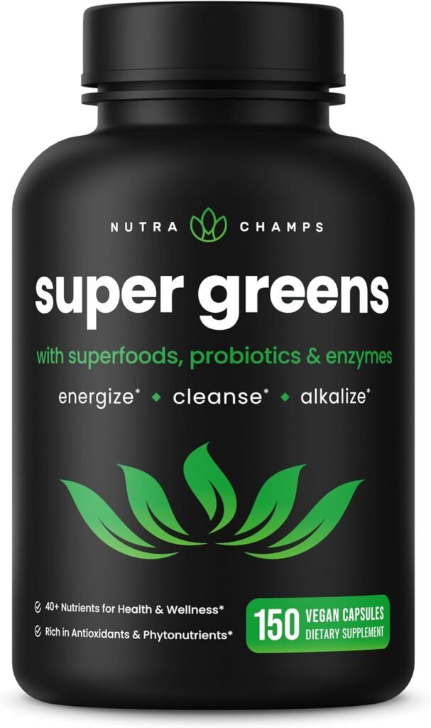 Organic Super Greens Capsules - 40+ Superfoods  Greens Supplements Capsules - Alfalfa, Spirulina, Chlorella  More - Antioxidant, Digestive Enzyme  Probiotic Blends - 150 Green Superfood Capsules