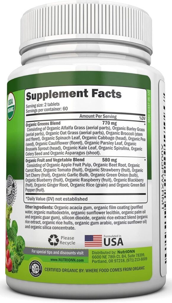 Organic Super Greens Capsules - Fruit And Vegetable Supplements - 120 Count - 28 USDA Organic  Vegan Premium Ingredients - Superfood Blend For Immune Health, Digestion  Energy - Whole Food Vitamins