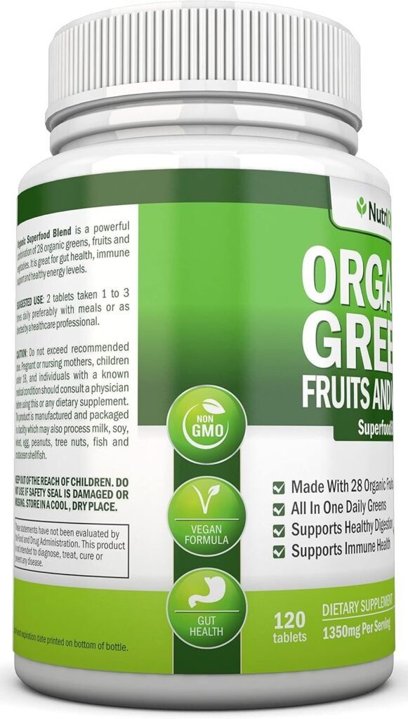 Organic Super Greens Capsules - Fruit And Vegetable Supplements - 120 Count - 28 USDA Organic  Vegan Premium Ingredients - Superfood Blend For Immune Health, Digestion  Energy - Whole Food Vitamins