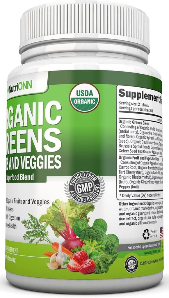 Organic Super Greens Capsules - Fruit And Vegetable Supplements - 120 Count - 28 USDA Organic  Vegan Premium Ingredients - Superfood Blend For Immune Health, Digestion  Energy - Whole Food Vitamins