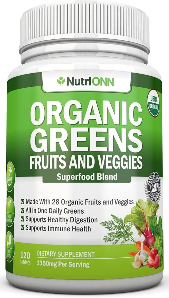 Organic Super Greens Capsules - Fruit And Vegetable Supplements - 120 Count - 28 USDA Organic  Vegan Premium Ingredients - Superfood Blend For Immune Health, Digestion  Energy - Whole Food Vitamins