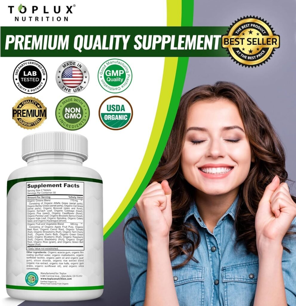 Organic Super Greens Capsules Superfood Fruit Veggie Supplement - 28 Powerful Natural Ingredients with Alfalfa, Beet Root, Tart Cherry  Ginger for Immune  Energy Support, for Men Women, 60 Tablets