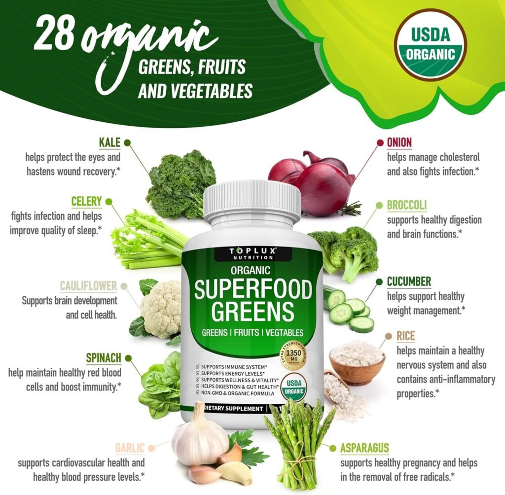 Organic Super Greens Capsules Superfood Fruit Veggie Supplement - 28 Powerful Natural Ingredients with Alfalfa, Beet Root, Tart Cherry  Ginger for Immune  Energy Support, for Men Women, 60 Tablets