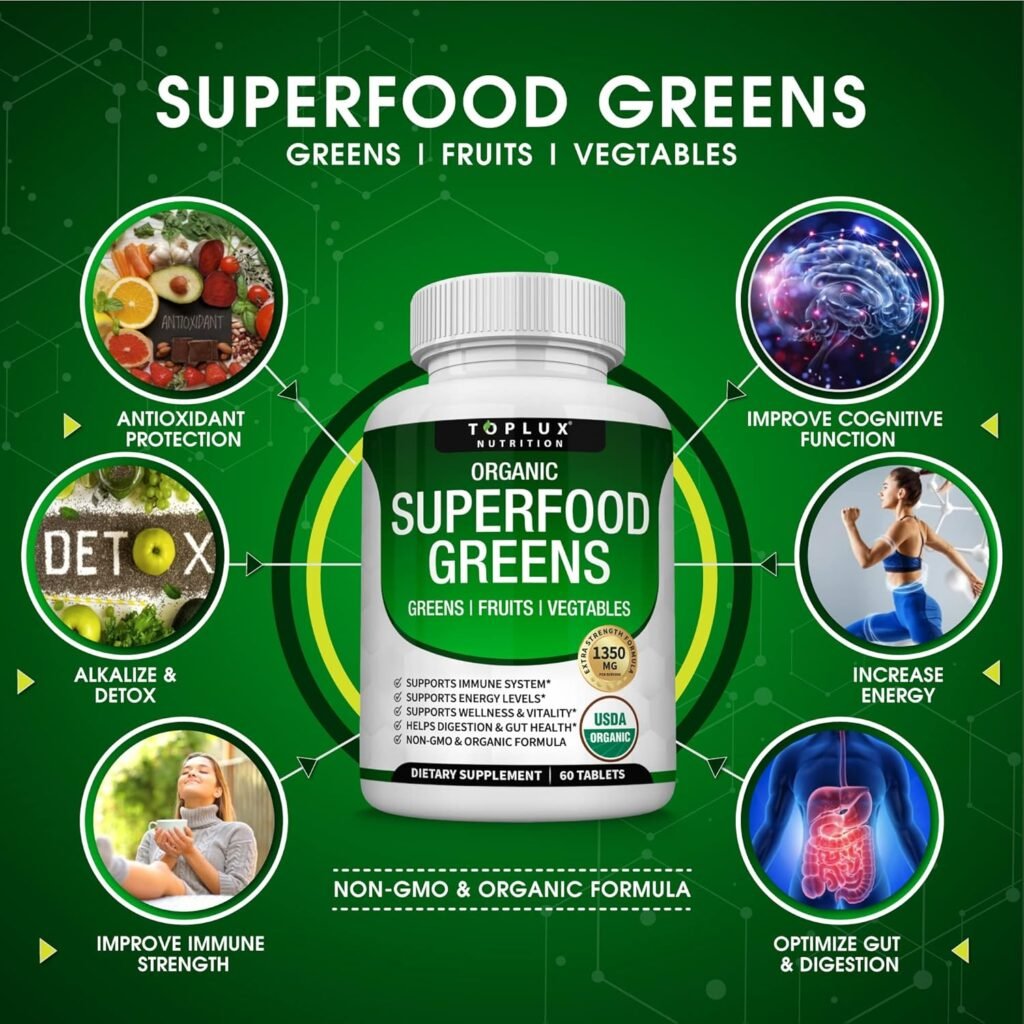 Organic Super Greens Capsules Superfood Fruit Veggie Supplement - 28 Powerful Natural Ingredients with Alfalfa, Beet Root, Tart Cherry  Ginger for Immune  Energy Support, for Men Women, 60 Tablets