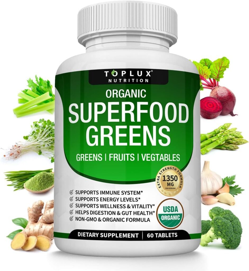 Organic Super Greens Capsules Superfood Fruit Veggie Supplement - 28 Powerful Natural Ingredients with Alfalfa, Beet Root, Tart Cherry  Ginger for Immune  Energy Support, for Men Women, 60 Tablets