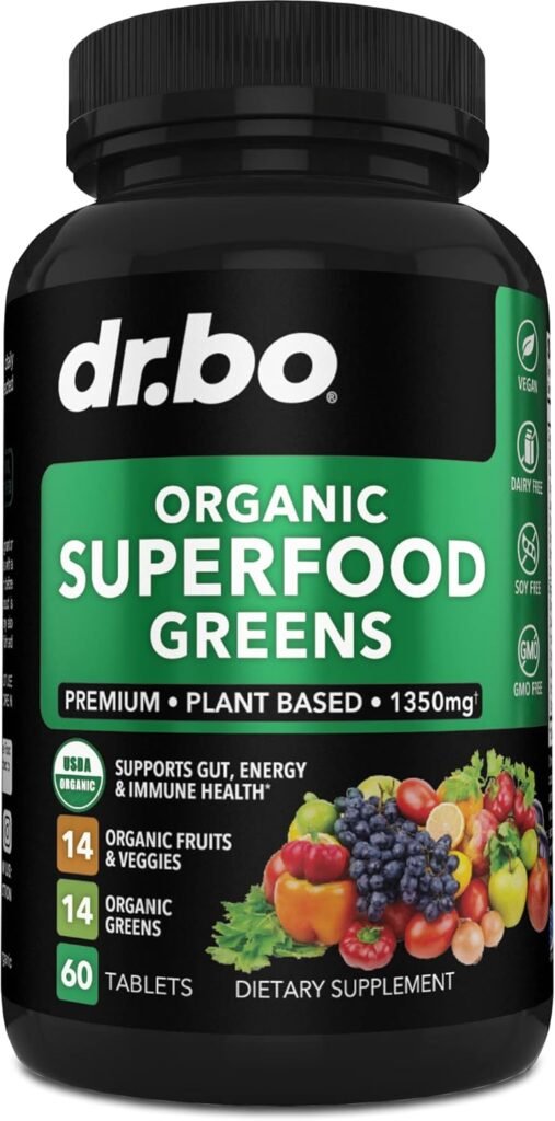 Organic Superfood Greens  Fruit Supplements - Energy Super Food Fruits and Veggies Supplement Tablets - Daily Green Veggie Powder Blend Plus Vegetable Foods Alfalfa, Spinach, Cabbage  Spirulina Tabs