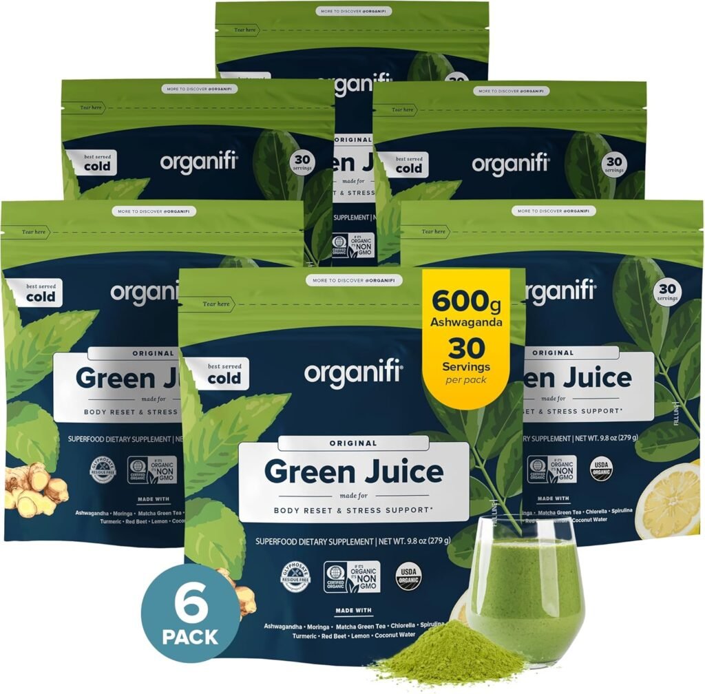 Organifi Green Juice - Powder Supplement with Organic Spirulina, Ashwagandha, and Chlorella - Helps Achieve Fitness Goals and Reduce Cortisol Levels, 30-Day Supply