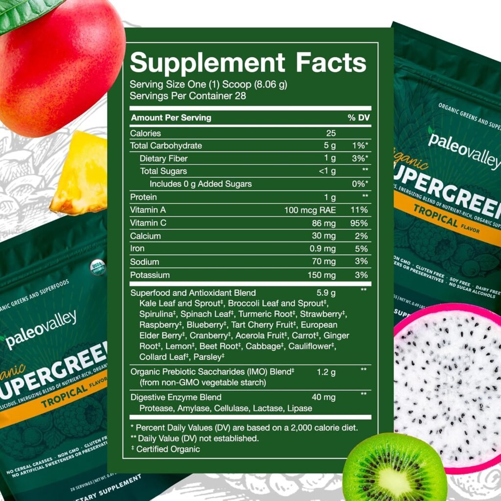 Paleovalley Organic Supergreens - Organic Greens Powder Superfood for Immune Support - Paleo Green Powder Blend - 28 Servings - 23 Organic Superfoods - Gluten Free, No Cereal Grasses, Soy or Grain