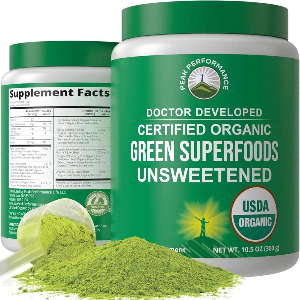 Peak Performance Unsweetened Organic Greens Superfood Powder. Super Greens Powder with 25+ Organic Ingredients for Max Energy and Athletic Performance. Vegan Keto Green Juice Daily Drink