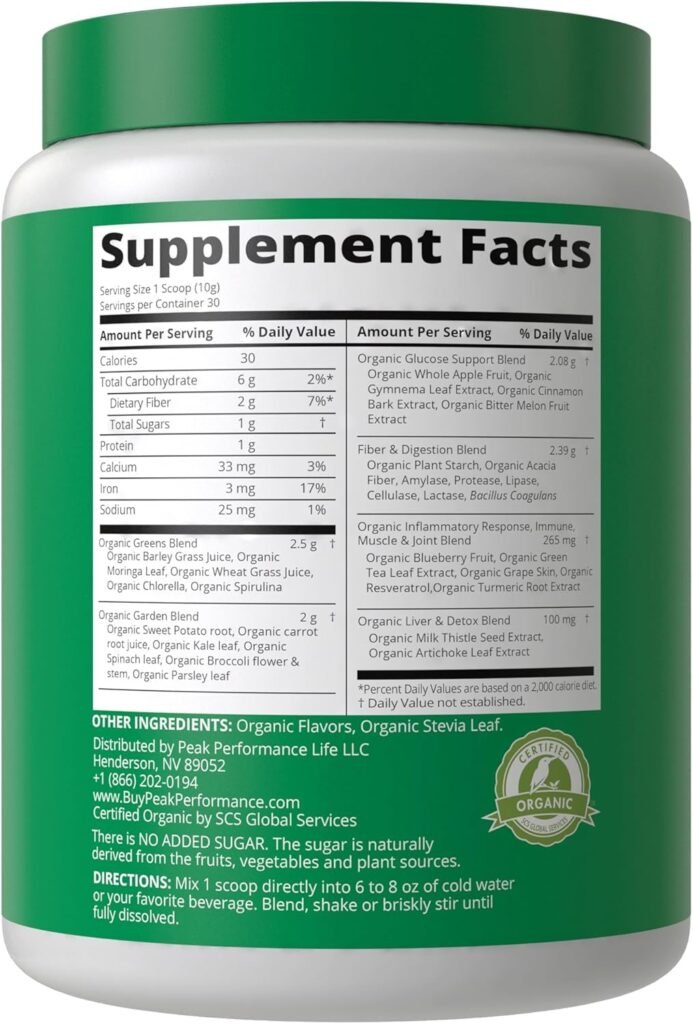 Peak Performance Unsweetened Organic Greens Superfood Powder. Super Greens Powder with 25+ Organic Ingredients for Max Energy and Athletic Performance. Vegan Keto Green Juice Daily Drink