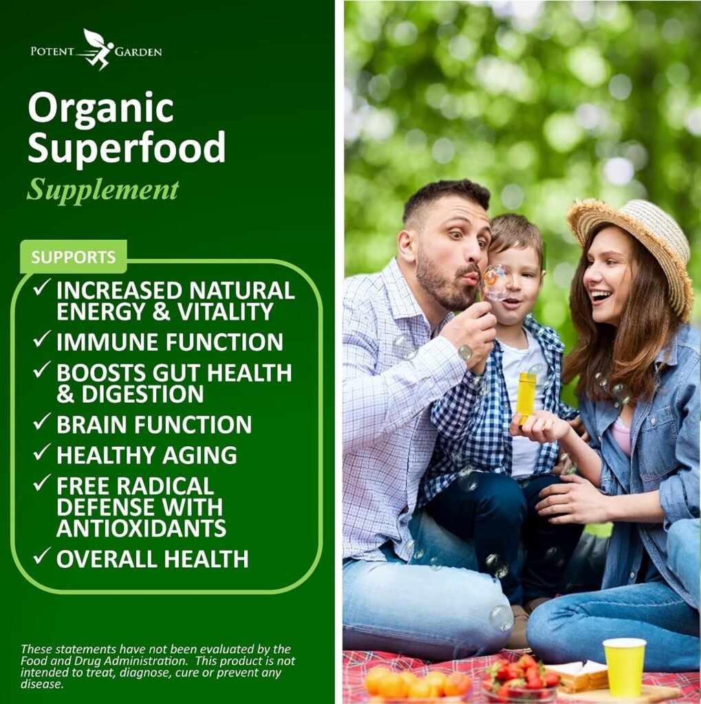 Potent Garden Organic Superfood Greens, Fruit and Veggies Supplement Rich in Vitamins  Antioxidants with Alfalfa, Beet Root  Tart Cherry to Boost Energy, Immunity  Gut Health, Greens Tablets 60 Ct