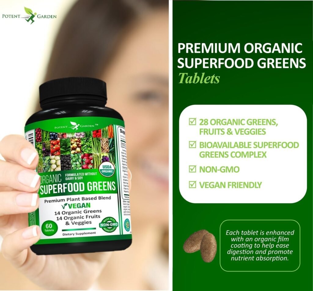 Potent Garden Organic Superfood Greens, Fruit and Veggies Supplement Rich in Vitamins  Antioxidants with Alfalfa, Beet Root  Tart Cherry to Boost Energy, Immunity  Gut Health, Greens Tablets 60 Ct