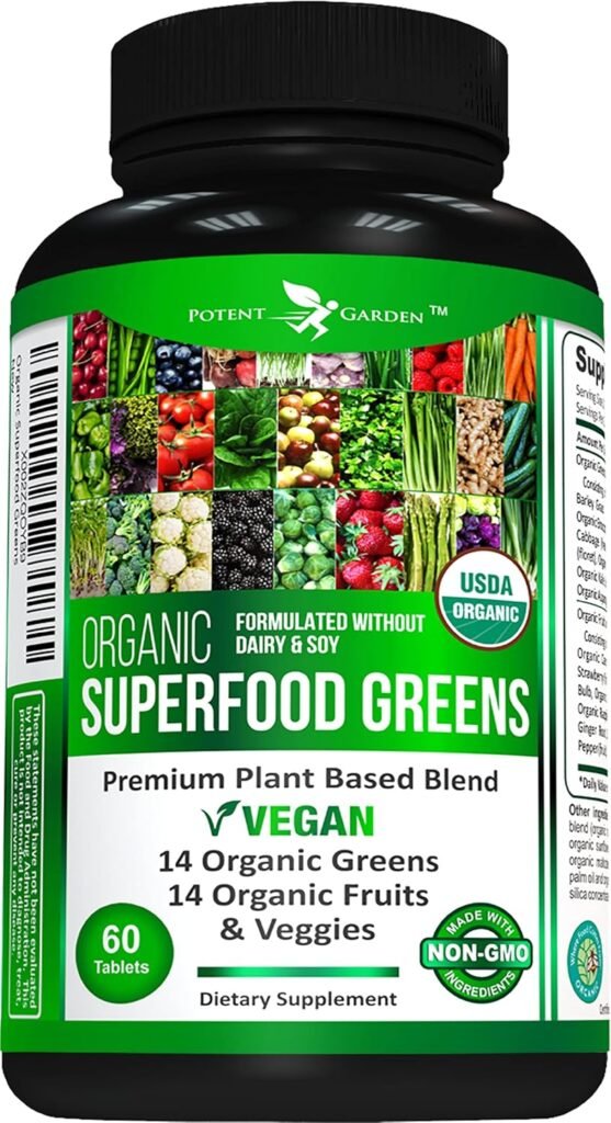 Potent Garden Organic Superfood Greens, Fruit and Veggies Supplement Rich in Vitamins  Antioxidants with Alfalfa, Beet Root  Tart Cherry to Boost Energy, Immunity  Gut Health, Greens Tablets 60 Ct