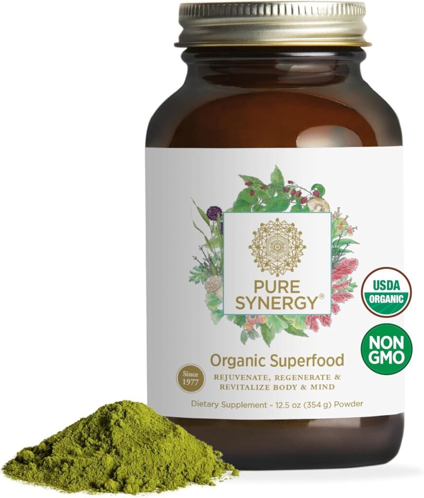 PURE SYNERGY Organic Superfood Powder | Organic Green Superfood Powder | Whole Food Supplement with Organic Greens, Spirulina and Mushrooms | for Energy, Healthy Aging, and Immune Health (12.5 oz)