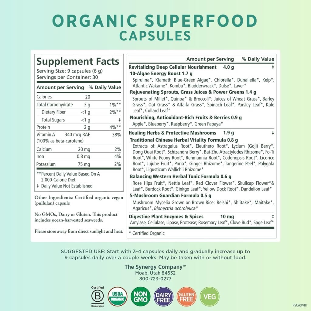 PURE SYNERGY Superfood Capsules | Organic Superfood  Greens Supplement | Whole Food Capsules with Super Greens, Spirulina,  Mushrooms | for Energy, Healthy Aging  Immune Health (270 Capsules)