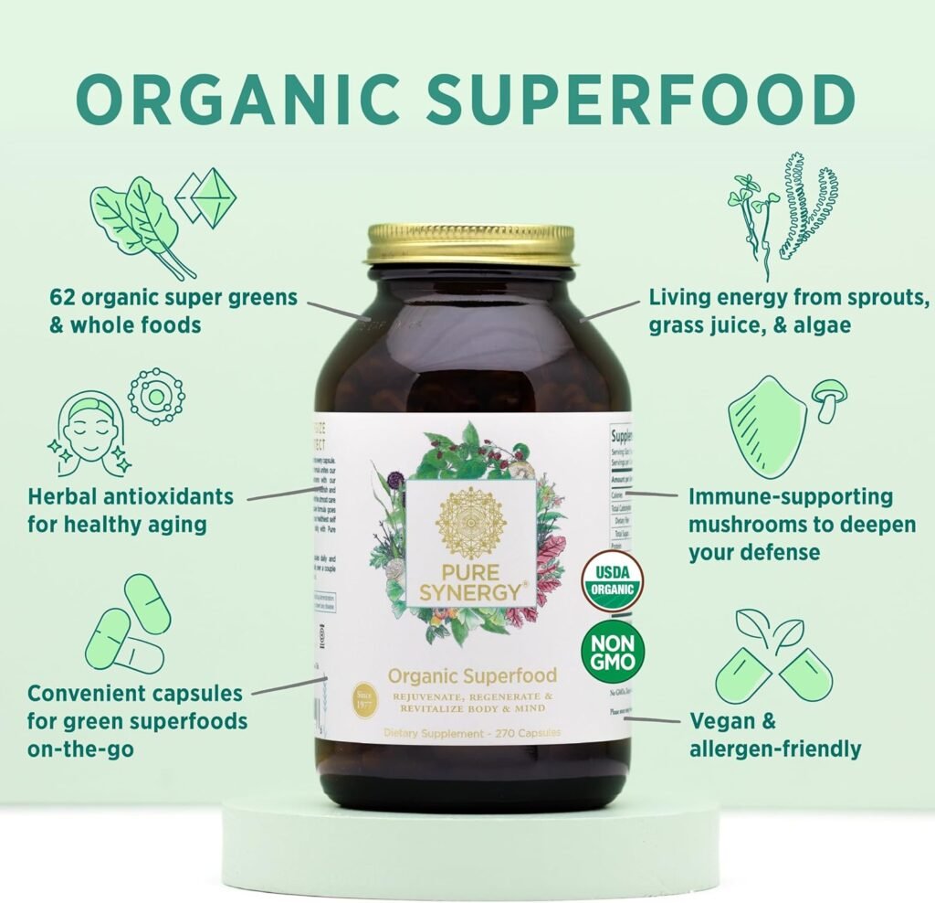 PURE SYNERGY Superfood Capsules | Organic Superfood  Greens Supplement | Whole Food Capsules with Super Greens, Spirulina,  Mushrooms | for Energy, Healthy Aging  Immune Health (270 Capsules)